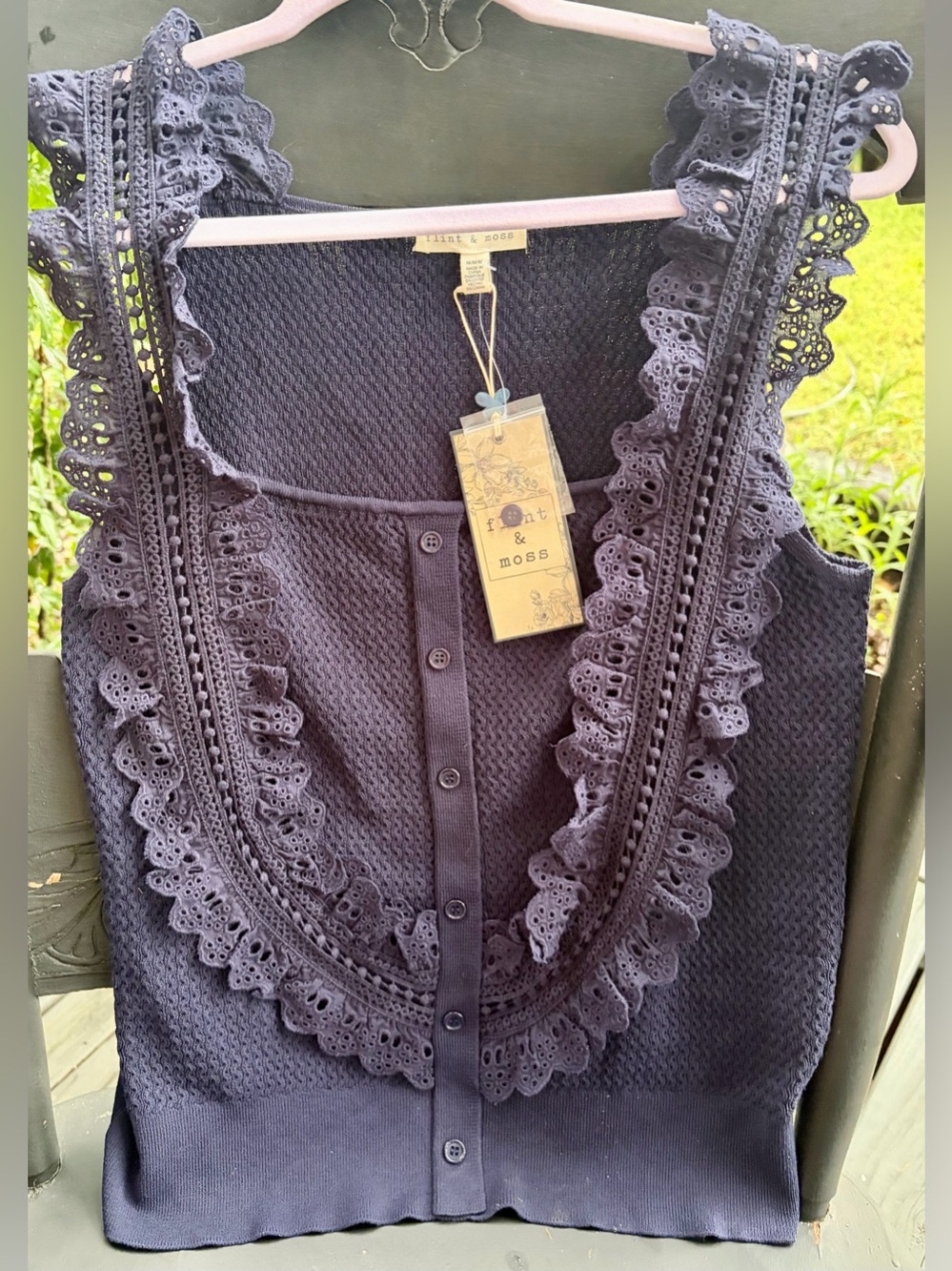 NWT FLINT & MOSS Women's Navy Eyelet Ruffle Tank/Femine -perfect for Summer/Fall